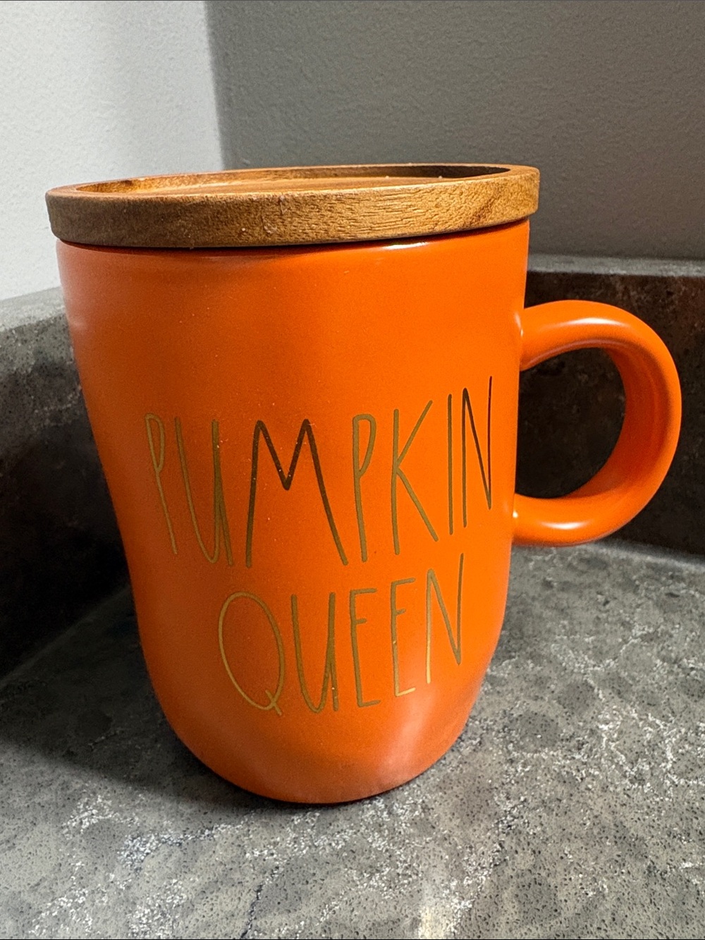 Rae Dunn Orange "Pumpkin Queen" Ceramic Mug with Wooden Lid